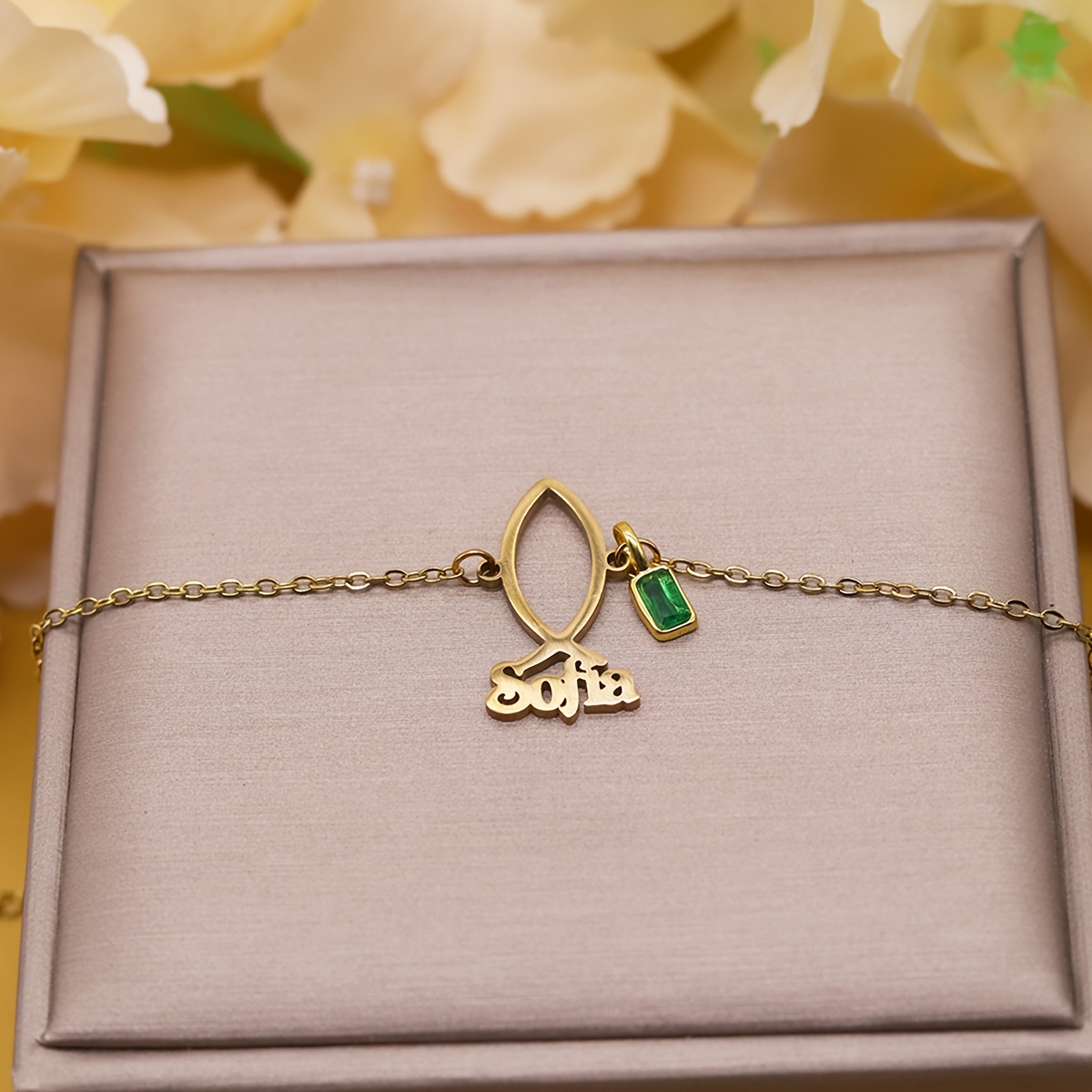 Custom Name Infinity Bracelet for Women, Green Birthstone